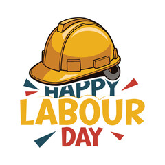 Yellow hard hat with happy labour day construction typography design