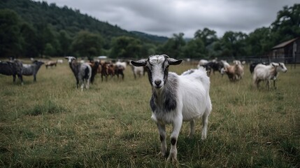 Herd of goats grazing peacefully in a lush countryside pasture
