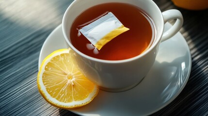 A white tea cup with lemon and a tea bag