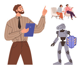 Man presenting with tablet gestures near protective robot casual small group on chairs chatting. Ideal for technology, innovation, communication, teamwork, presentation, AI, education. Simple flat