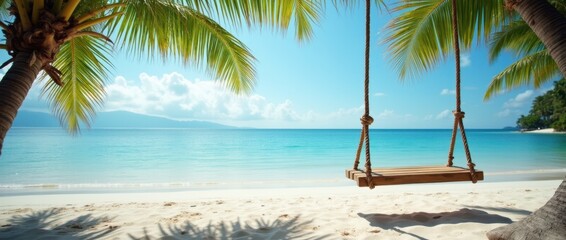 Swing on the beach over white sand by the sea among palm trees, horizontal widescreen banner