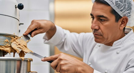 Focused male pastry chef preparing dough with mixer and spatula in professional kitchen bakery environment wearing uniform and hairnet