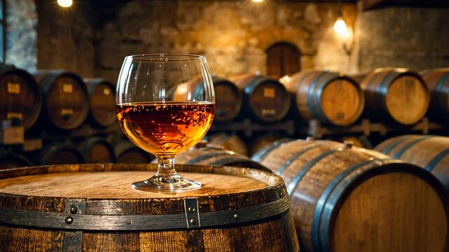 A glass of cognac stands on an oak barrel in a traditional cellar with rows of wine barrels in the background