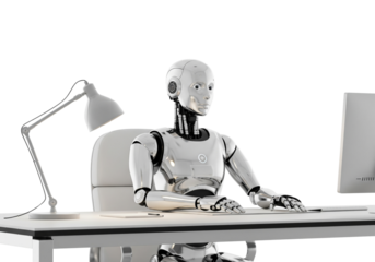 Humanoid Robot at Desk Working on Computer AI and Automation in the Workplace