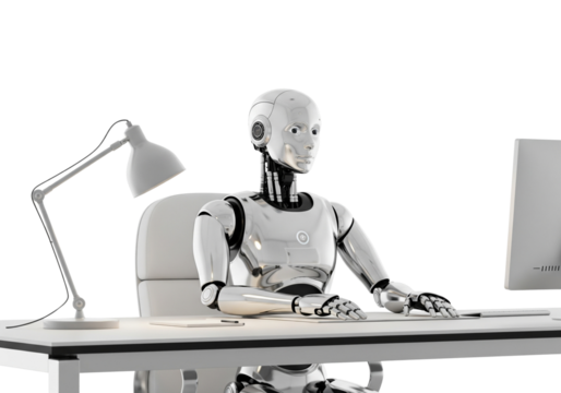 Humanoid Robot at Desk Working on Computer AI and Automation in the Workplace
