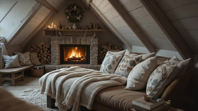 Cozy reading nook near the fireplace with a burning fire.Soft pillows, a large knitted blanket on the bench, candles create a warm atmosphere. Modern loft living room, Scandinavian farmhouse. 4k video