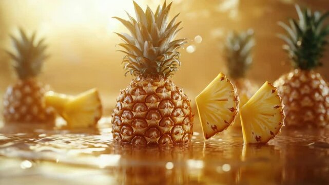 Fresh pineapple splash in warm golden water with slices