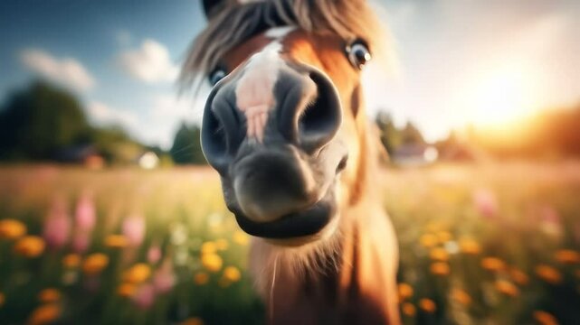 Funny Horse with a Big Smile on the Farm