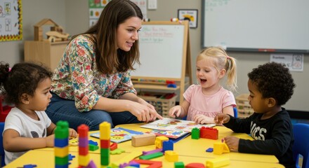 Teacher interacting with children in a classroom setting focusing on education and early childhood development depicting reading learning and play activities as an education concept with diversity