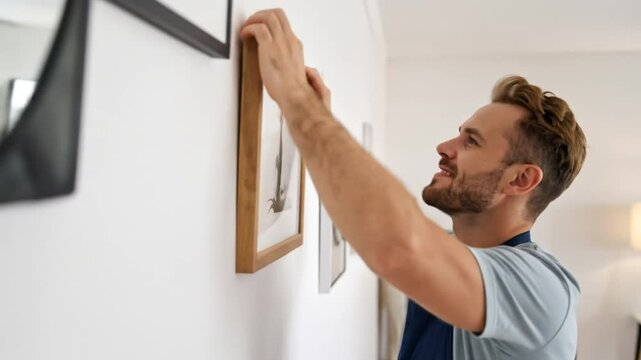 A man hangs a picture frame on a white wall