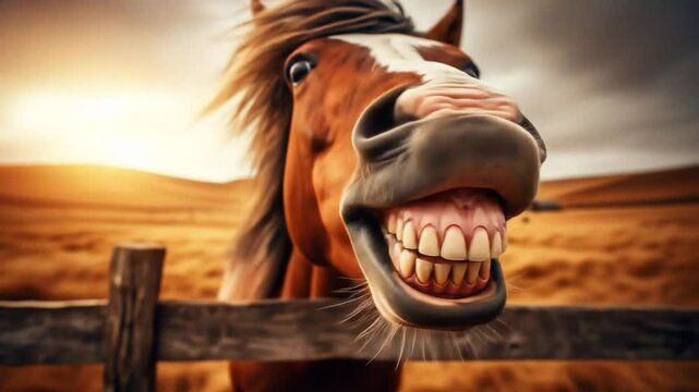 Funny Horse with a Big Smile on the Farm