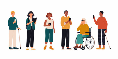 Diverse group of people with disabilities and varying ages using technology