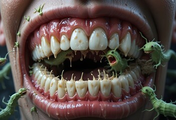 Cartoon Bacteria Monsters Attacking Teeth in a Decayed Mouth