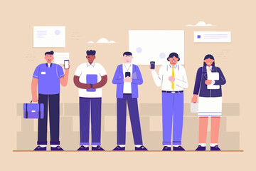 Diverse group of five professionals standing together holding phones and documents