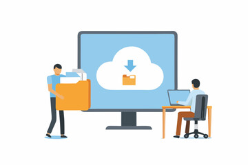 Man downloading files from cloud storage to computer and folder