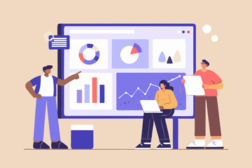 Diverse team collaborates on data analysis and presentation using charts and graphs