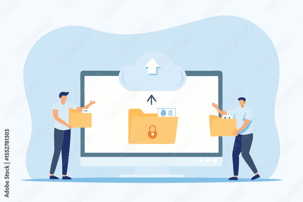 Poster two people uploading and downloading files to and from a secure cloud storage system