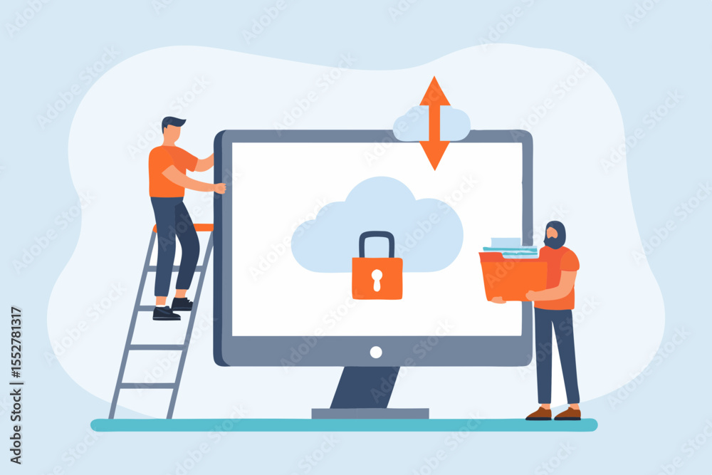 Poster people securing cloud data with a padlock and transferring files to computer