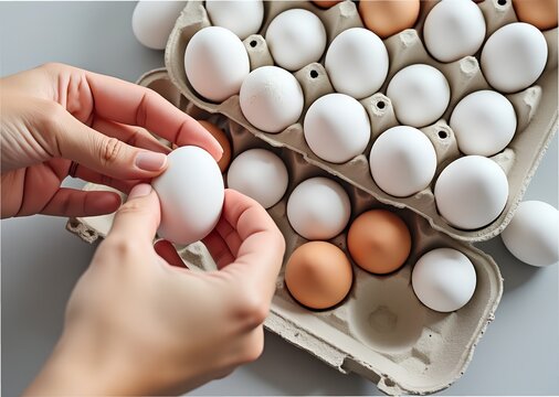 Hands holding white egg over carton with brown and white eggs  
