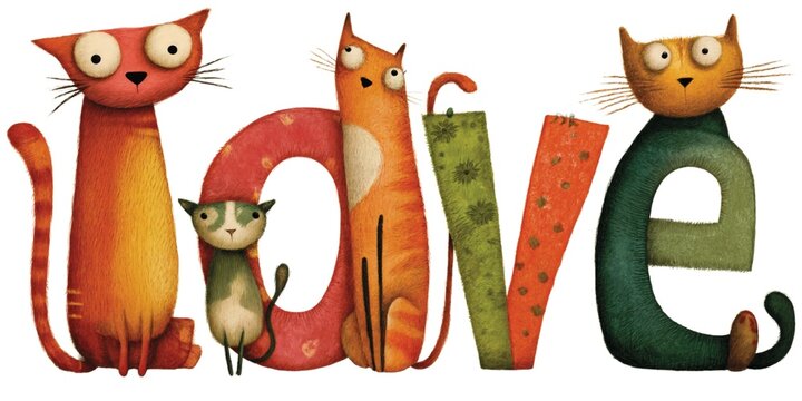Whimsical Adorable Funny Cute Cats  Forming "LOVE" - Cute Feline Illustration