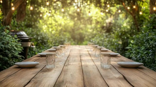 Rustic outdoor dining setup with wooden table in lush garden