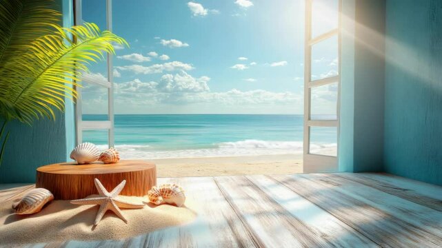 Sunlit beach view through open window with seashells on wooden floor