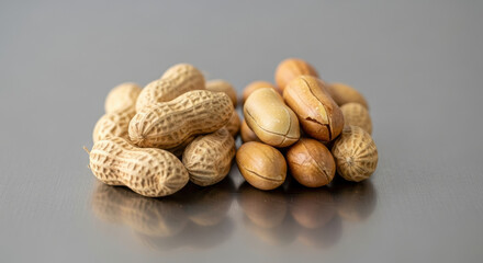 Group of unshelled peanuts and nuts on smooth gray surface, healthy snack food high in protein and fiber, comparison of natural nuts in shells