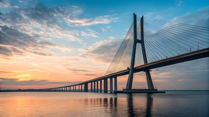 A bridge stretches over water, illuminated by the warm hues of a sunset in the background