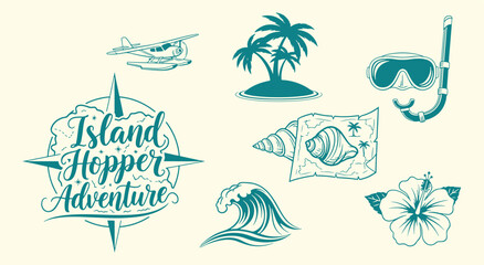 Island Adventure. Tropical Vacation Icons. Vintage travel logo set with palm tree, seaplane, and snorkel. Vector graphics for t-shirts or travel agency.