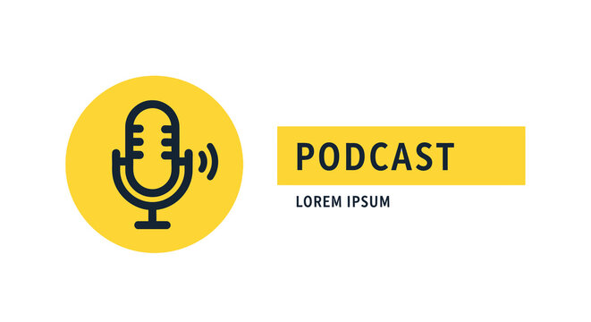 Podcast Icon: Yellow Circle, Dark Blue Retro Microphone, Sound Waves - Powered by Adobe