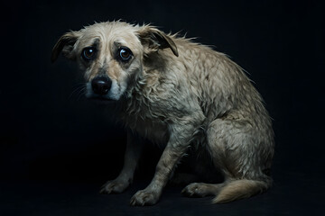 Fototapeta premium Lost and Alone: A poignant image of a lone, rain-soaked dog staring with big, sad eyes, capturing the essence of vulnerability and desolation, set against a backdrop of shadow.