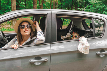 Travel car. Family trip countryside vehicle. Parents daughter outdoor road summer.