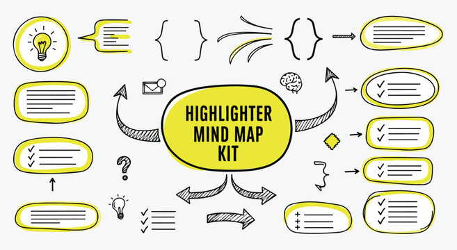 Mind Map Kit. Highlighter Doodle. Hand drawn flowchart elements with arrows, frames, and checklists. Sketch vector for presentations, study, or brainstorming.