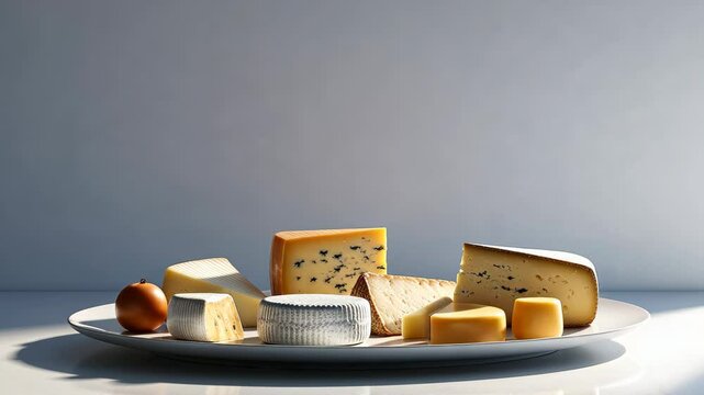 Different sort of cheese is on the plate on gray background