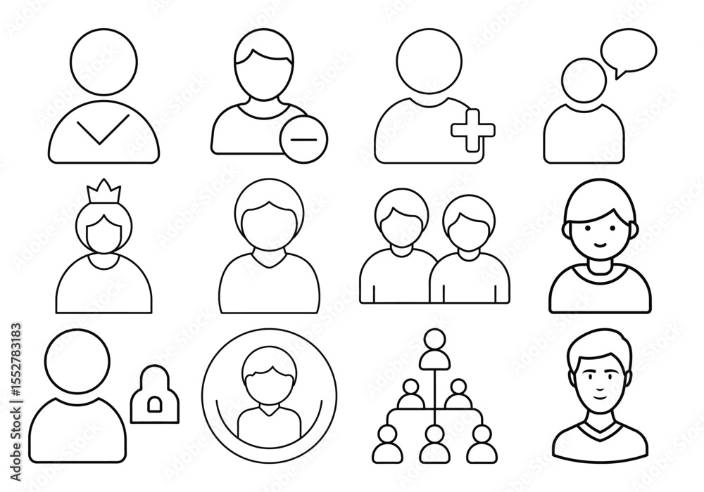 Poster collection of user profile icons representing different actions and statuses isolated on white backg