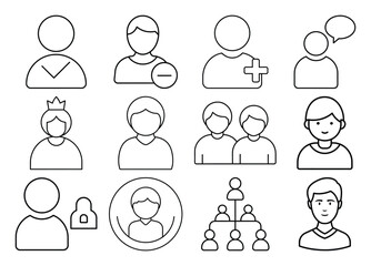 Collection of user profile icons representing different actions and statuses isolated on white background