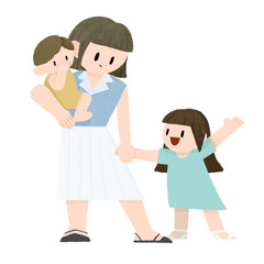 母親が乳児を抱っこし子どもと手を繋ぐデフォルメイラスト