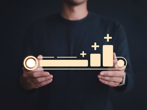 Man interacting with yellow UI slider showing bar growth and productivity performance