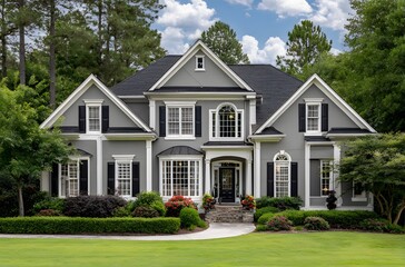 Gray stucco home with black shutters and lush landscaping.
