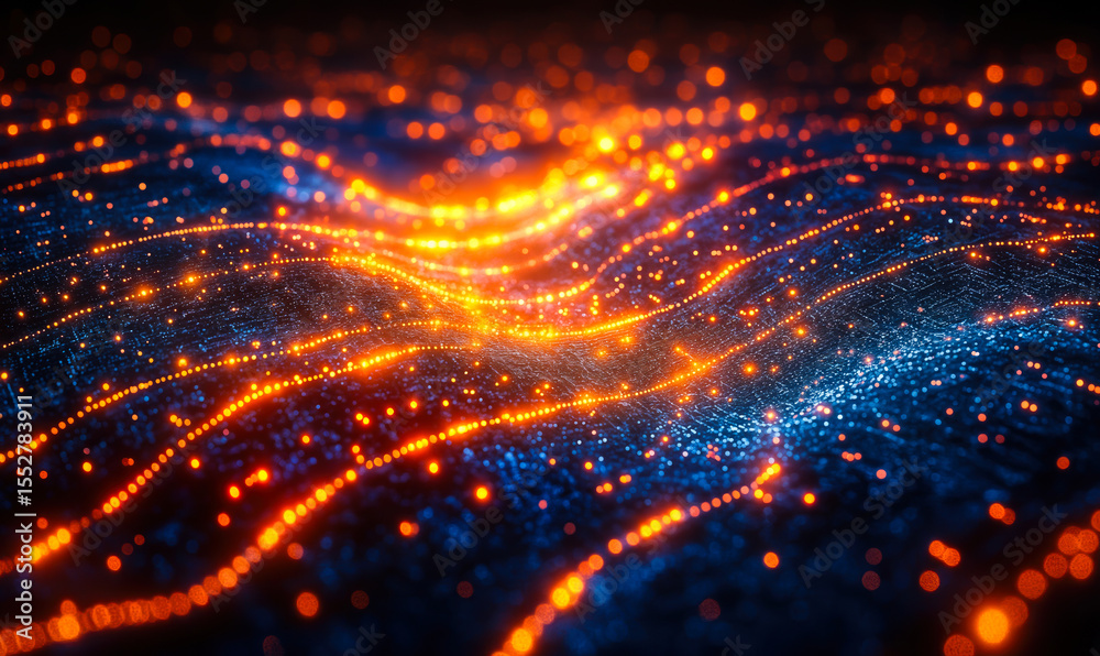 Poster abstract digital data wave with glowing orange and blue particles representing dynamic information f