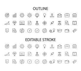 Set of business icons in outline and editable stroke style. Suitable for presentations, UI/UX, web, infographics and marketing materials. Customizable EPS 10 vector format.