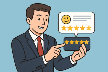 Feedback Icon : A smiling person holding a tablet with five stars rating, positive feedback and smiling face, showing how pleased with the service. The scene evokes trust, satisfaction.