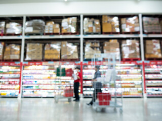 Blurred view of modern supermarket store background. aisle shelves in hypermarket superstore...