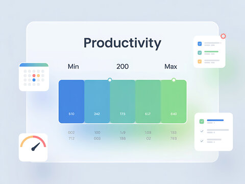 Dashboard-style UI with productivity levels shown in gradient bar and segmented gauges