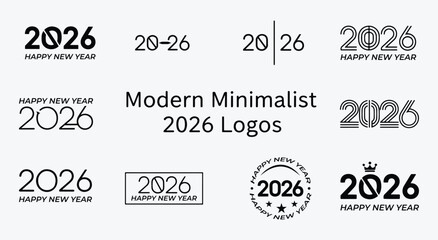 2026 Logo. Happy New Year. Modern minimalist icon set with typography designs for 2026. Clean vector for banners, greeting cards, or business branding.