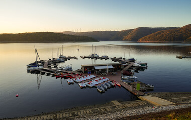 View of the Rursee at the dam near Heimbach-Schwammenauel. Landscape at the lake at sunset. Nature...