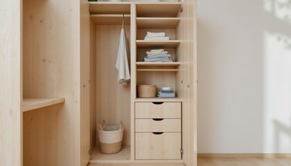 Fototapeta premium Contemporary Wooden Wardrobe with Open Shelves and Storage Baskets in Minimalist Interior Design