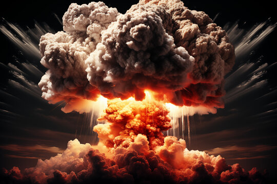 Mushroom cloud with smoke erupting on dark sky background. Nuclear bomb attack background or war concept.