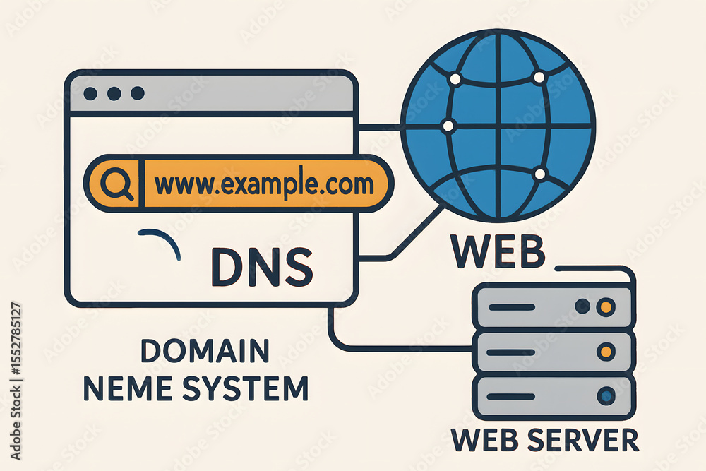 Poster digital domain: an illustrated exploration of the domain name system (dns), showcasing how internet 