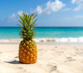 A pineapple on the beach sand with a background of the vast ocean.
